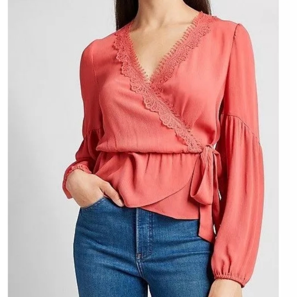 Express, Womens Coral, Long Sleeves Tie Side Sheer, Lace Trim Peplum Top Sz S